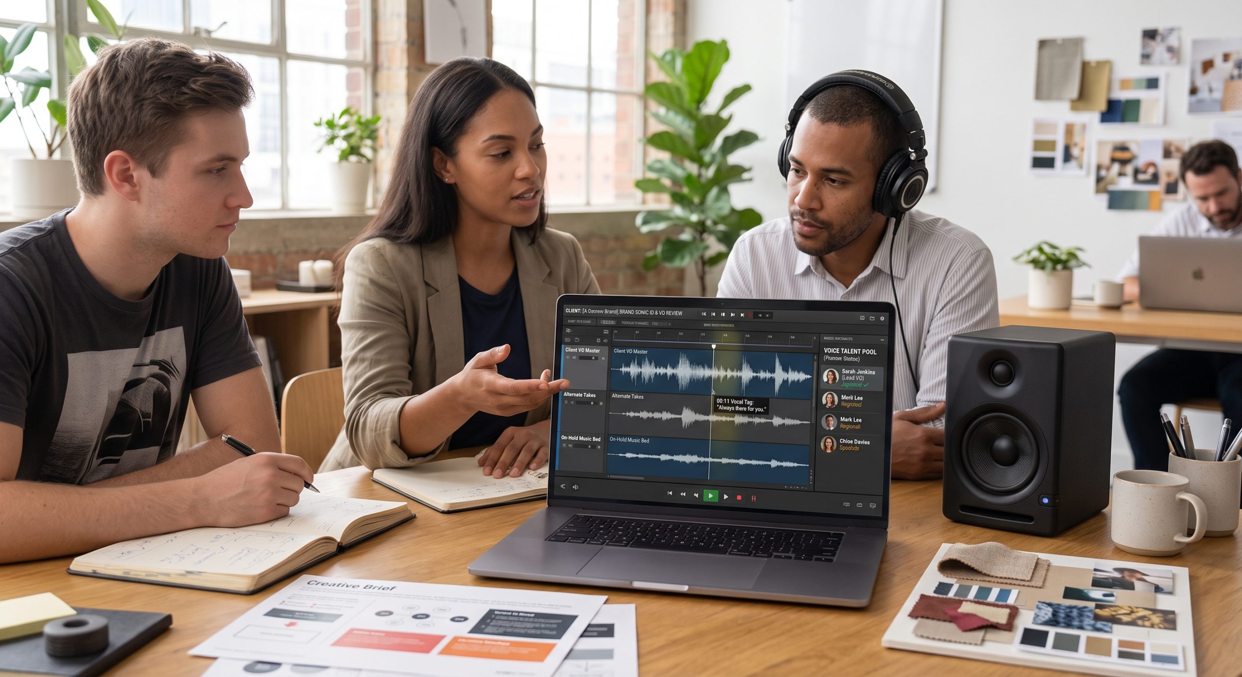 Agency team reviewing an audio project on a laptop
