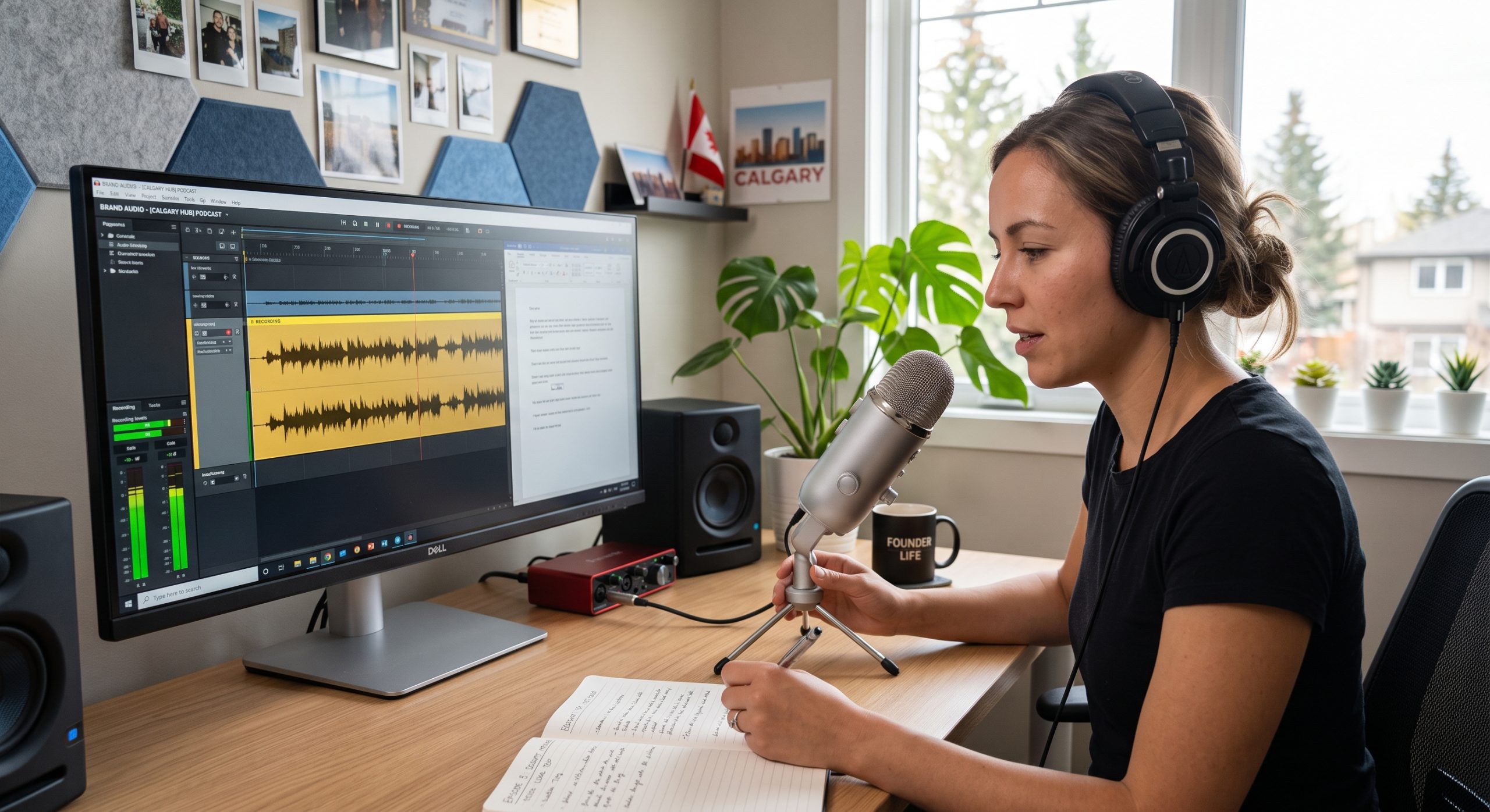 Creator recording a podcast at a home studio desk