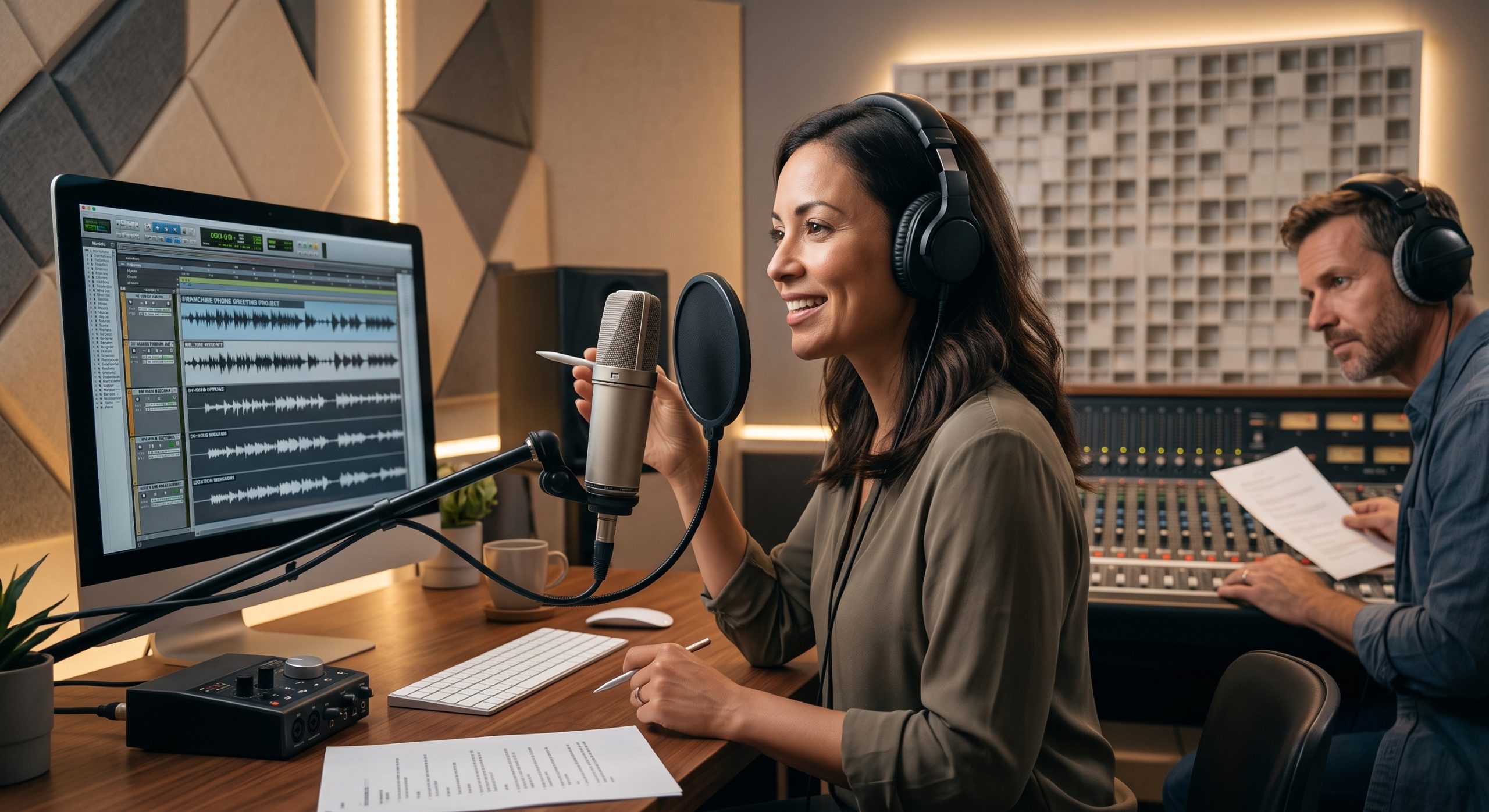 Voice artist recording in a studio with a producer