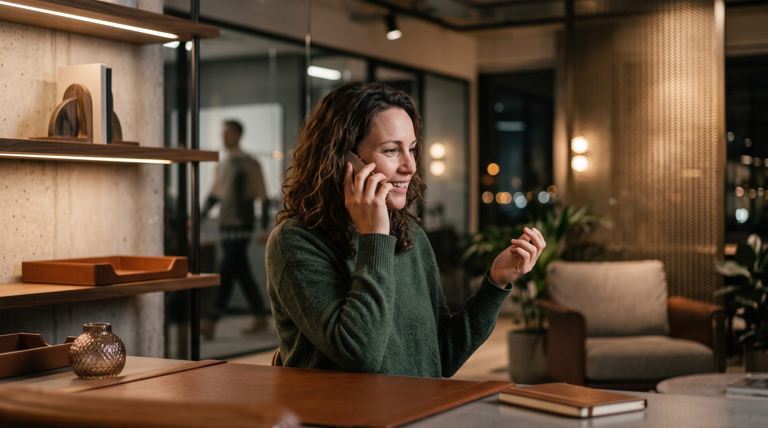 Woman smiling while on a phone call in an office