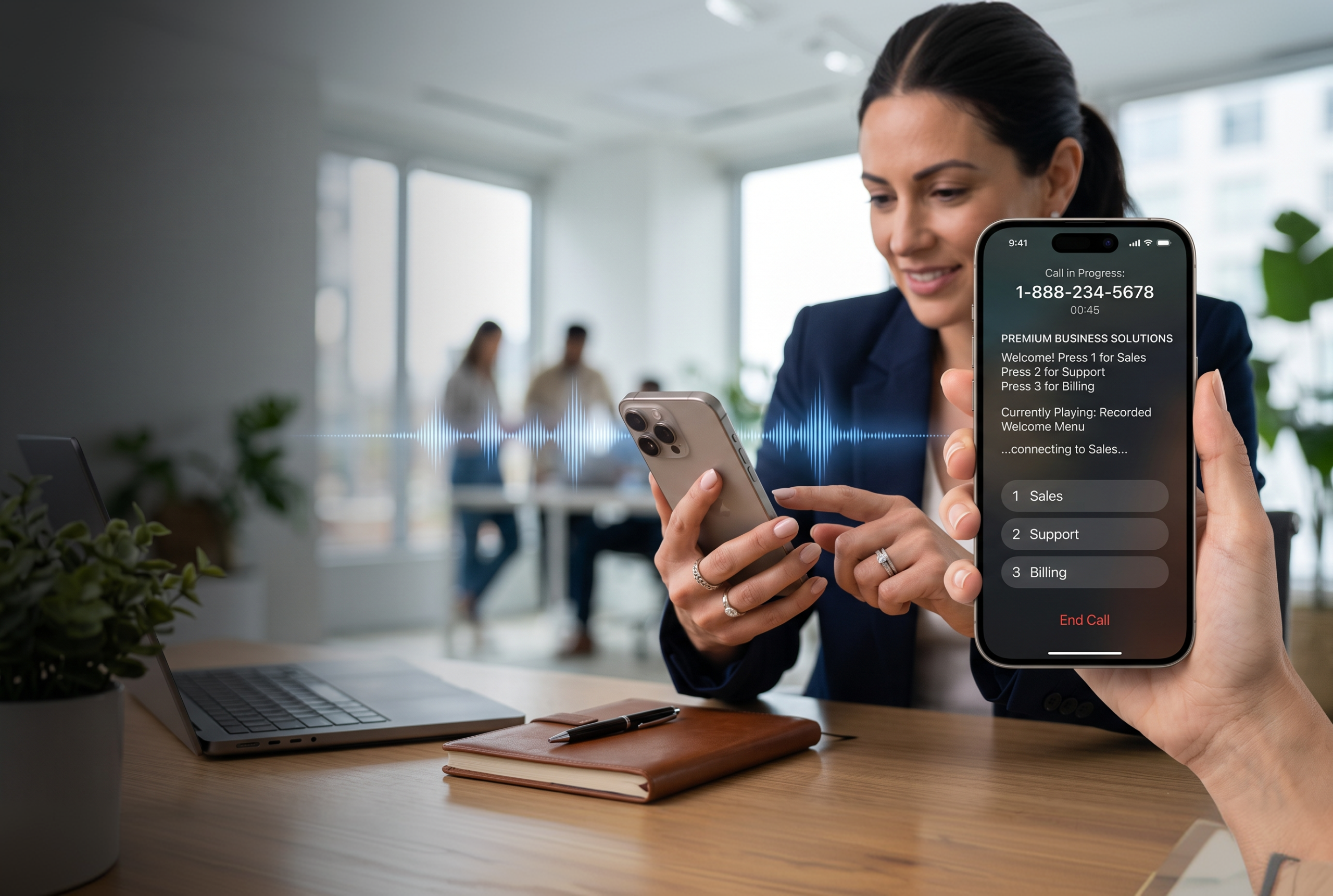 Businesswoman reviewing a phone menu system on her smartphone